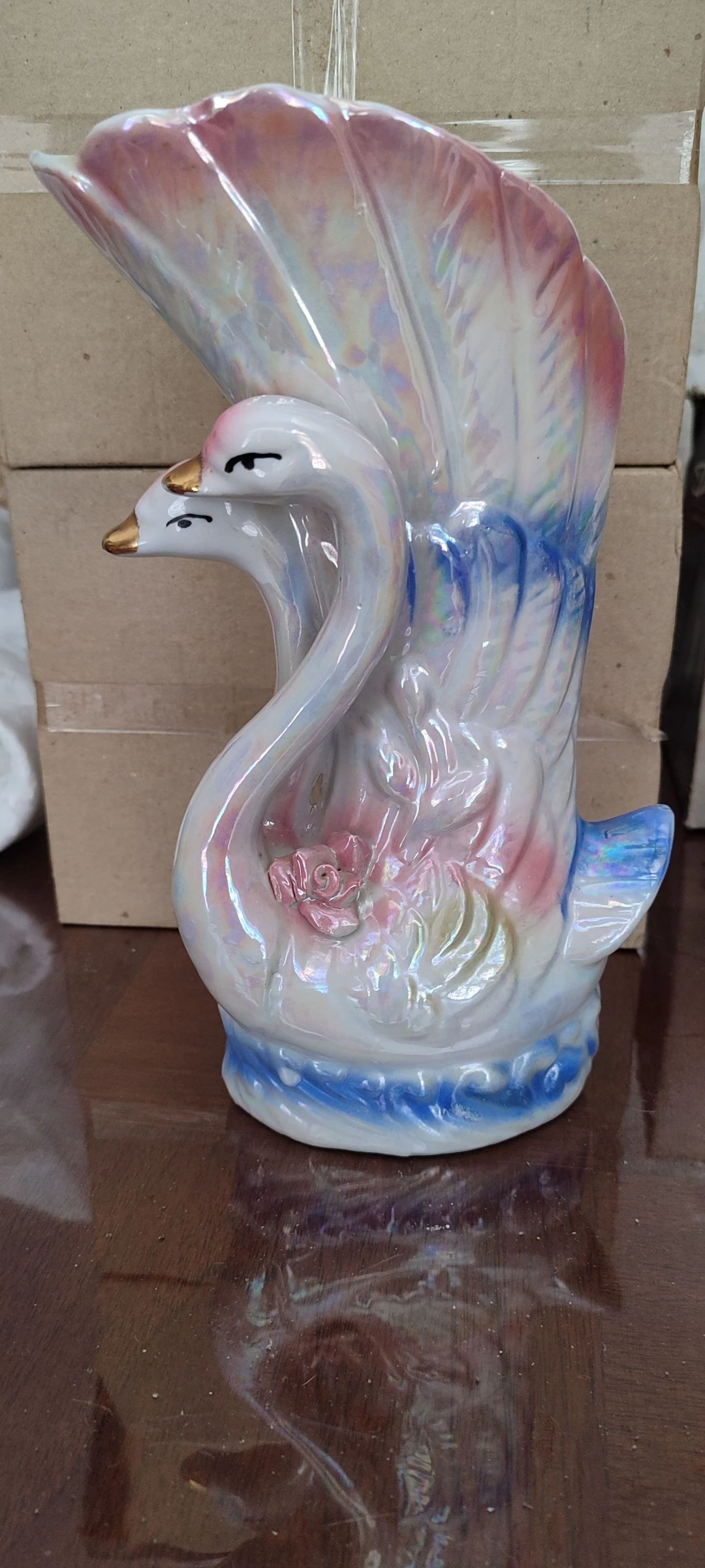 Gran jarrón / maceta antigua de vidrio nacarado - Motivo de cisne / pájaro – photo 2